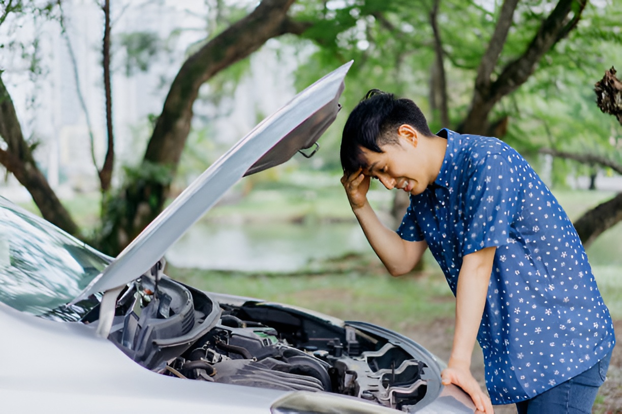 man inspecting a car's engine