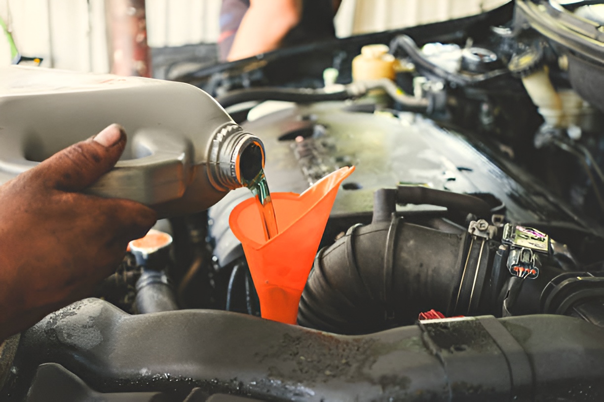 close-up of a man pouring transmission oil